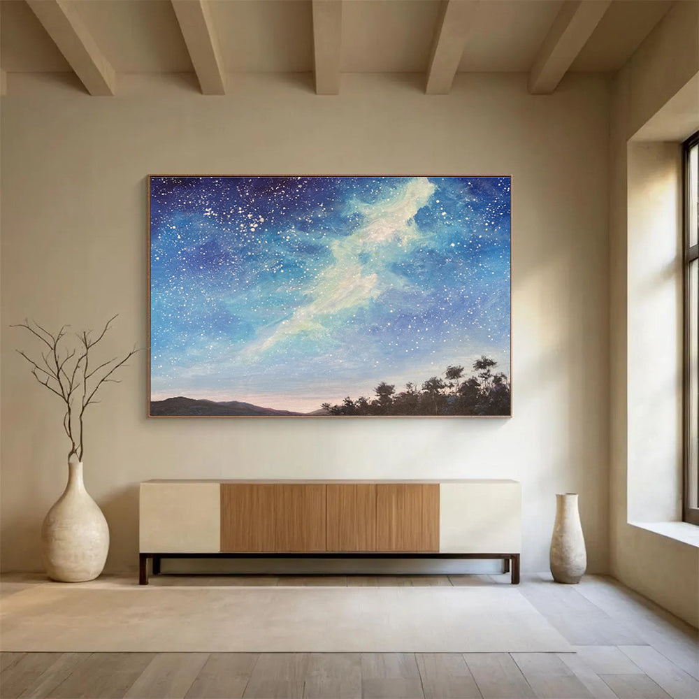Deep Blue Starry Sky and Silhouetted Trees “Celestial Forest Vistas” Painting On Canvas DKH114