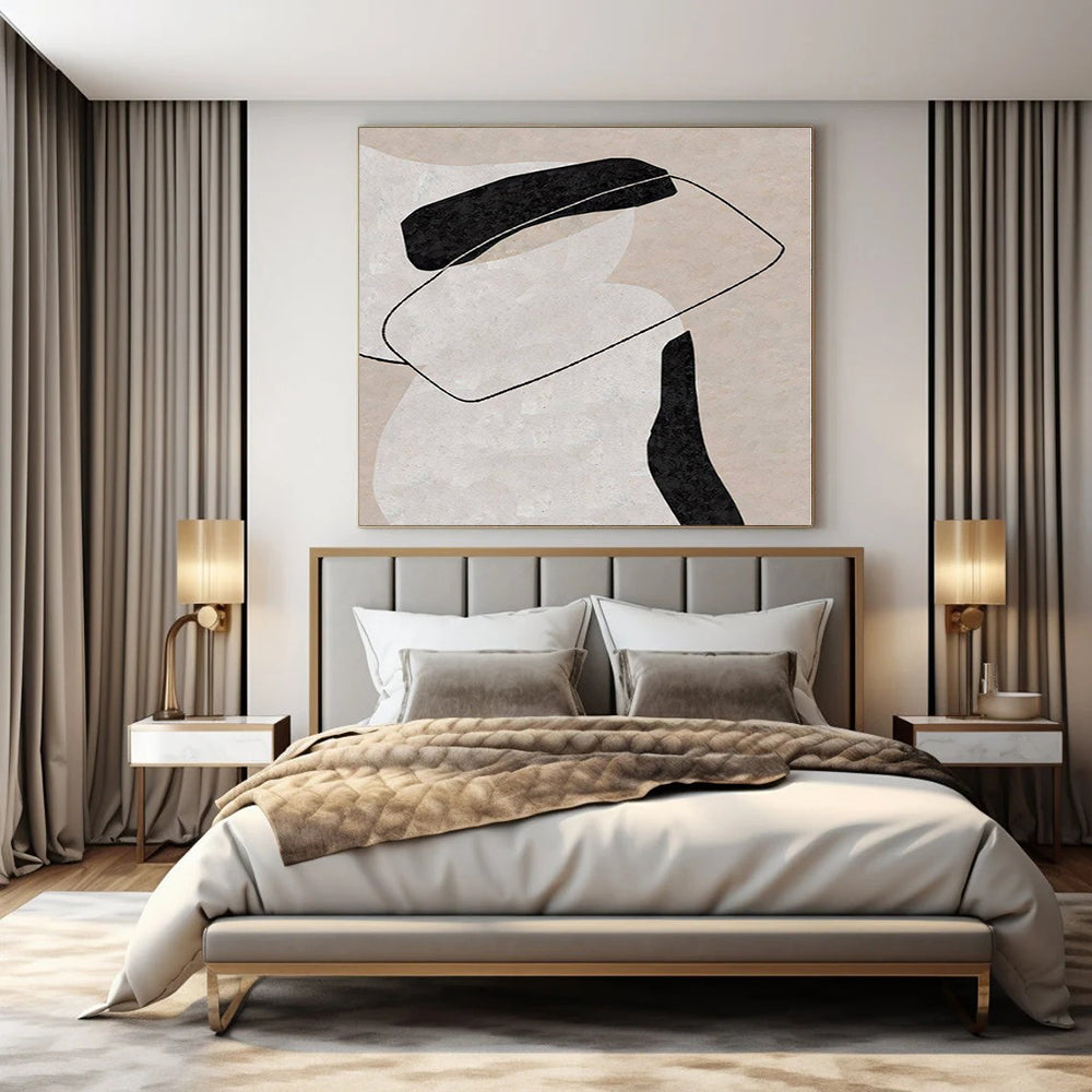 “Beige, Black, and White Interlocking Forms” – Geometric Abstract Painting(Variation) CT1122