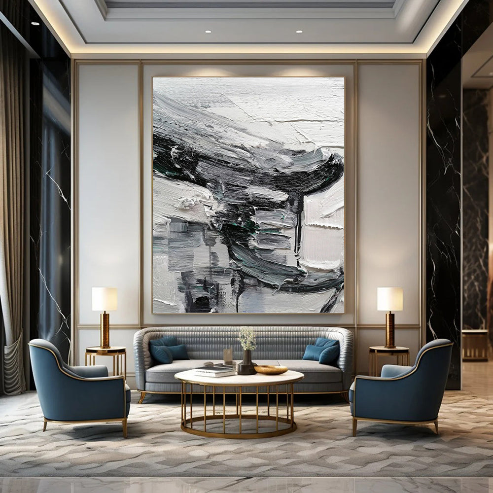 Monochrome Textured Abstraction - Abstract Impasto Painting On Canvas DKH1297