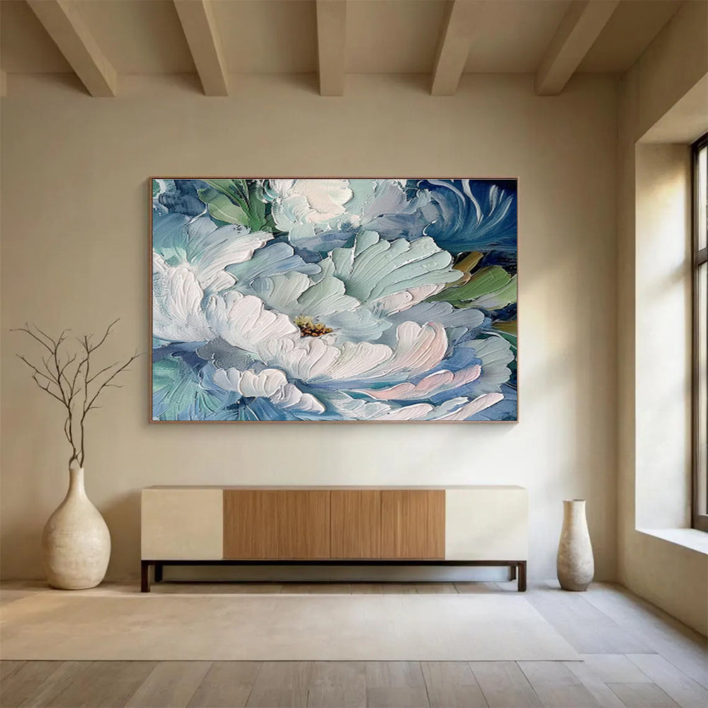 Textured Blue Peony Blooms Painting On Canvas DKH675
