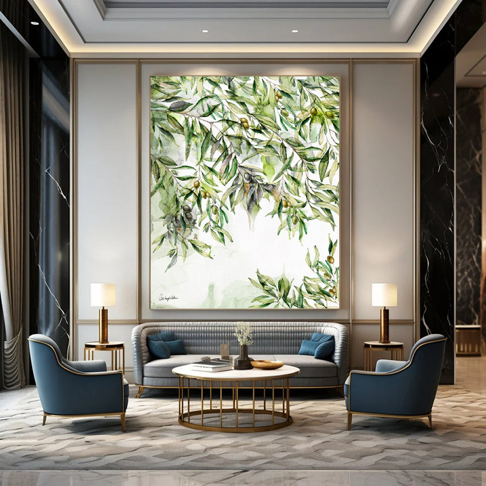 “Green Olive Branches with Olives” - Nature - Inspired Watercolor Painting On Canvas DKH1083