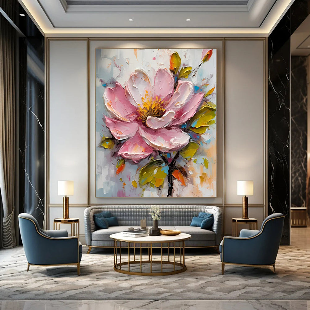 “Pink Blossom in 3D” - Pink, Yellow & Green Flower Painting On Canvas CT2200