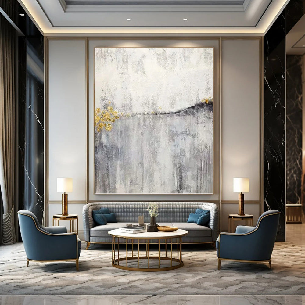 “Golden Mist” - Gray, White & Gold Textured Abstract Painting On Canvas DKH1173