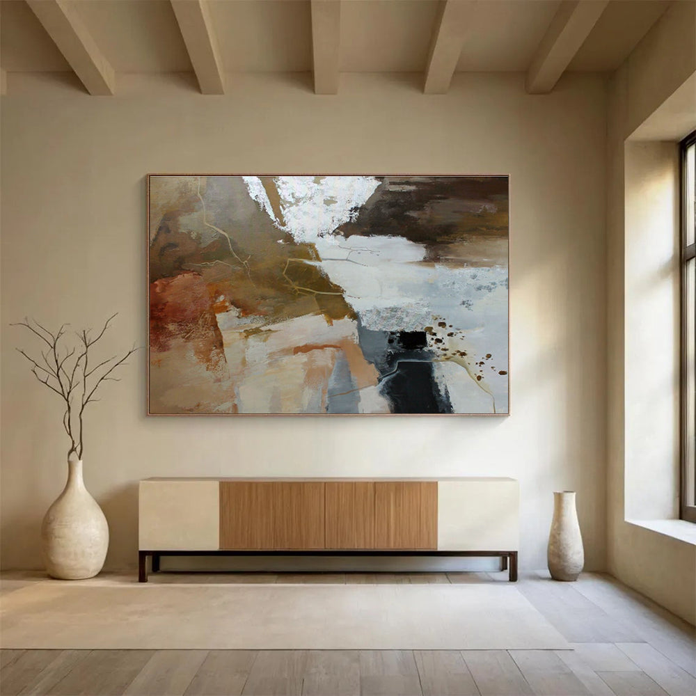 Brown, White, and Gold Abstract “Earthy Luxe Abstraction” Painting On Canvas DKH133