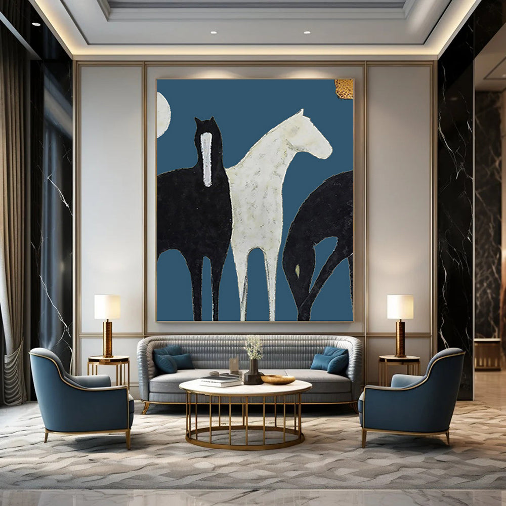 Stylized Black and White Horses on Blue - Equine Painting On Canvas DKH1440