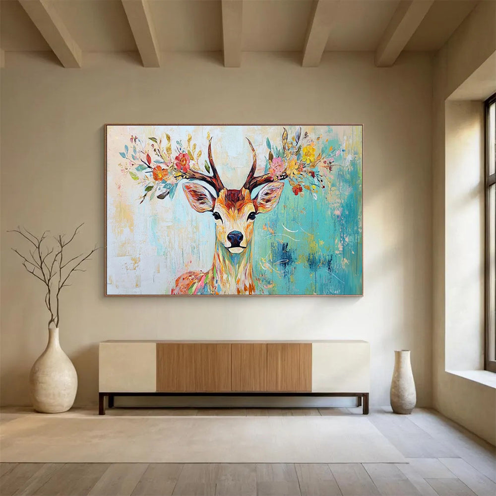 “Floral - Antlered Deer” - Whimsical Animal Painting On Canvas DKH803