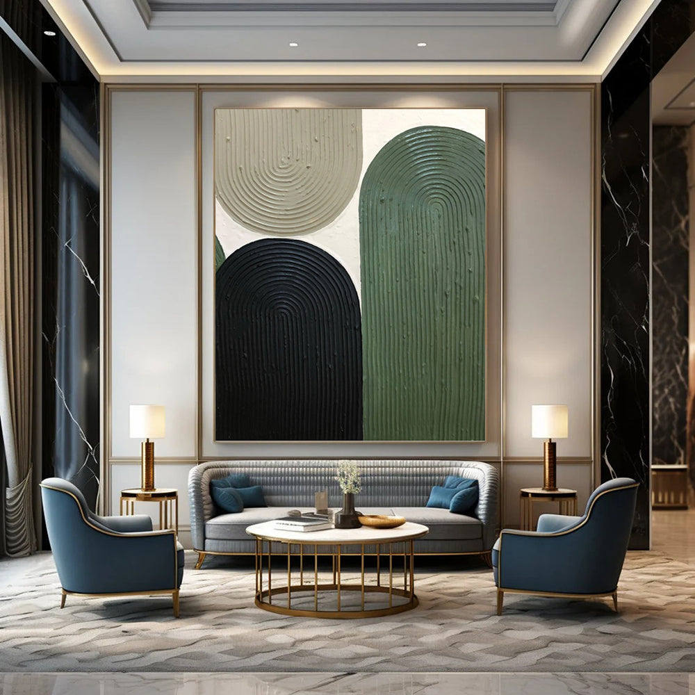“Nature's Arches” - Beige, Black & Green Ribbed Shapes Painting On Canvas DKH1167
