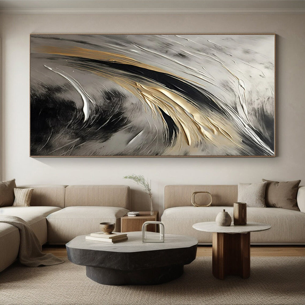 “Gray - Black - Gold Flowing Textures” ,Abstract Acrylic Painting CT0834