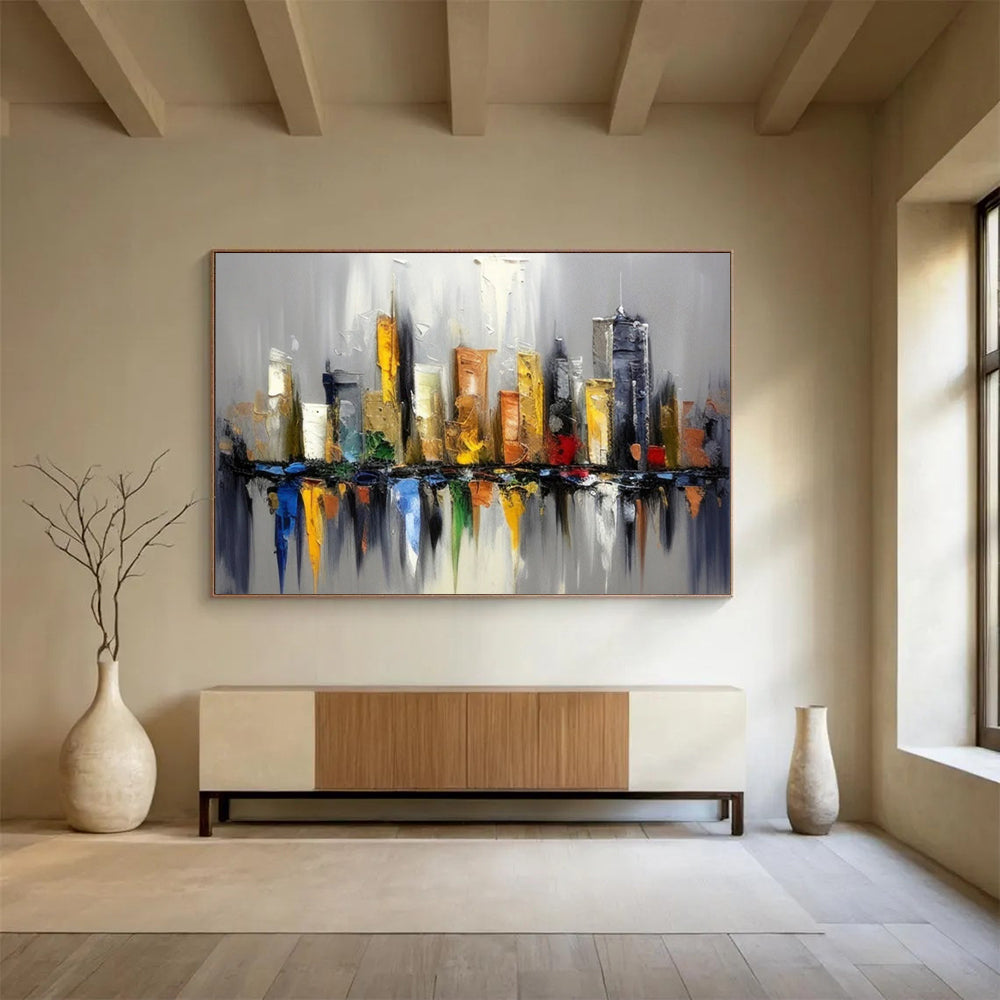“Colorful Cityscape Reflection” Cityscape Painting On Canvas DLZ067