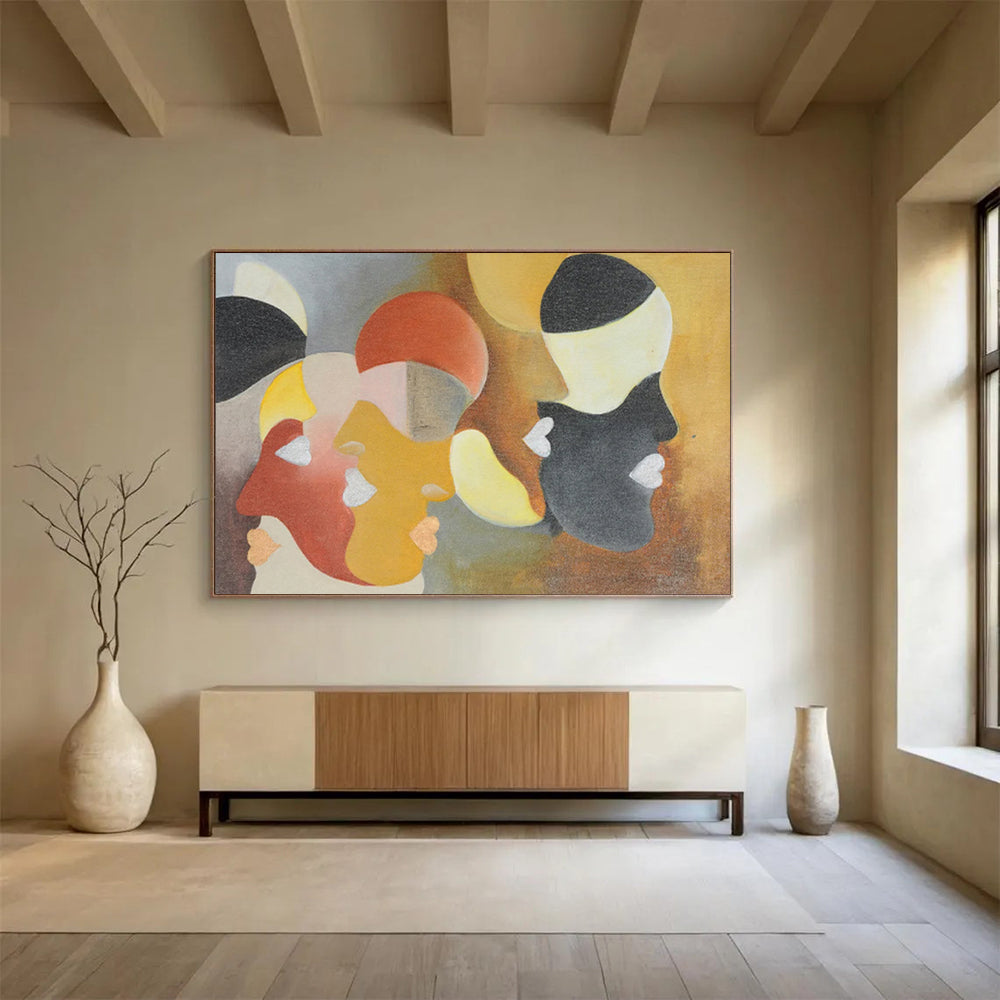“Geometric Faces in Muted Hues - Reds, Yellows, and Blacks” Painting On Canvas DKH003