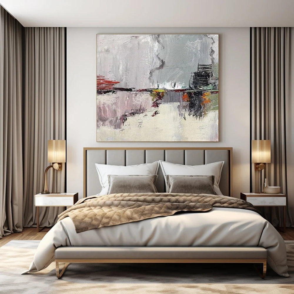 Grey, Red, Yellow & Green Abstract Cityscape - "Urban Impressions" - Abstract Oil Painting CT1459