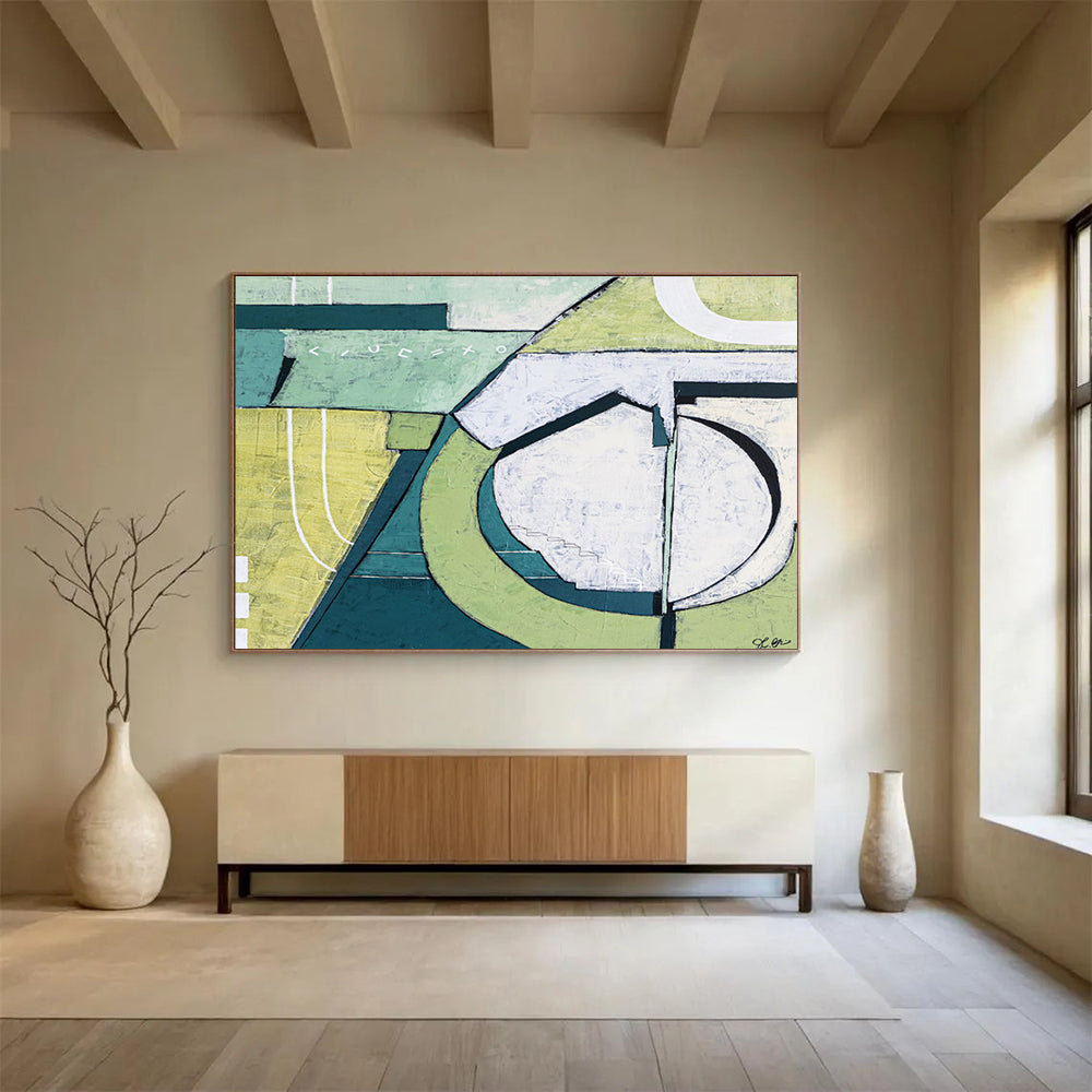 “Green - White Geometric Abstraction” Abstract Mixed - Media Painting On Canvas DKH543