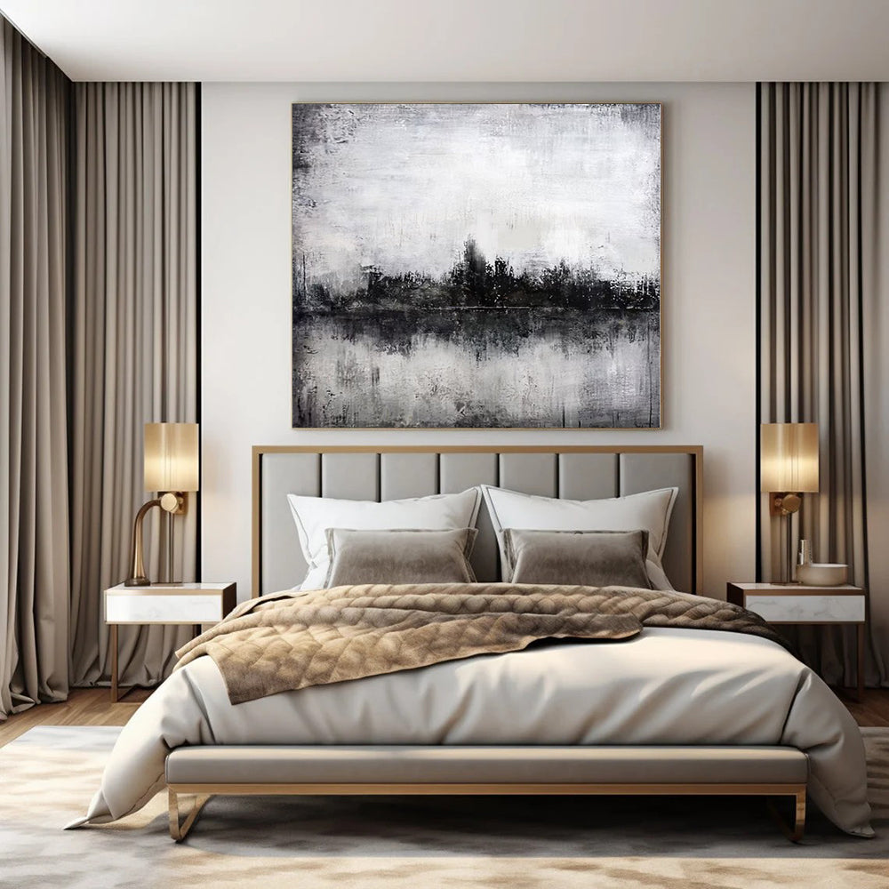“Moody Black - White Cityscape Reflection” – Abstract Landscape Painting CT1090