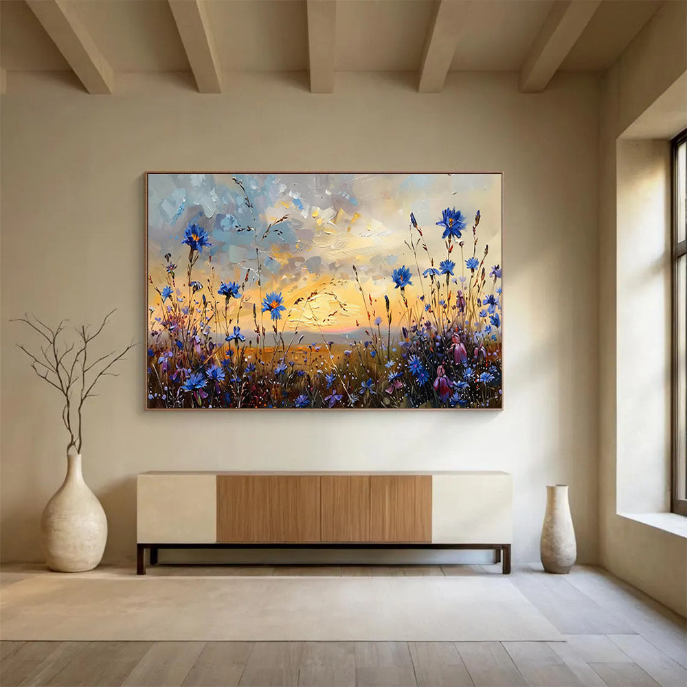 “Dusk Meadow Blues” - Blue, Purple, Orange Floral & Sky Impressionistic Painting On Canvas DKH698