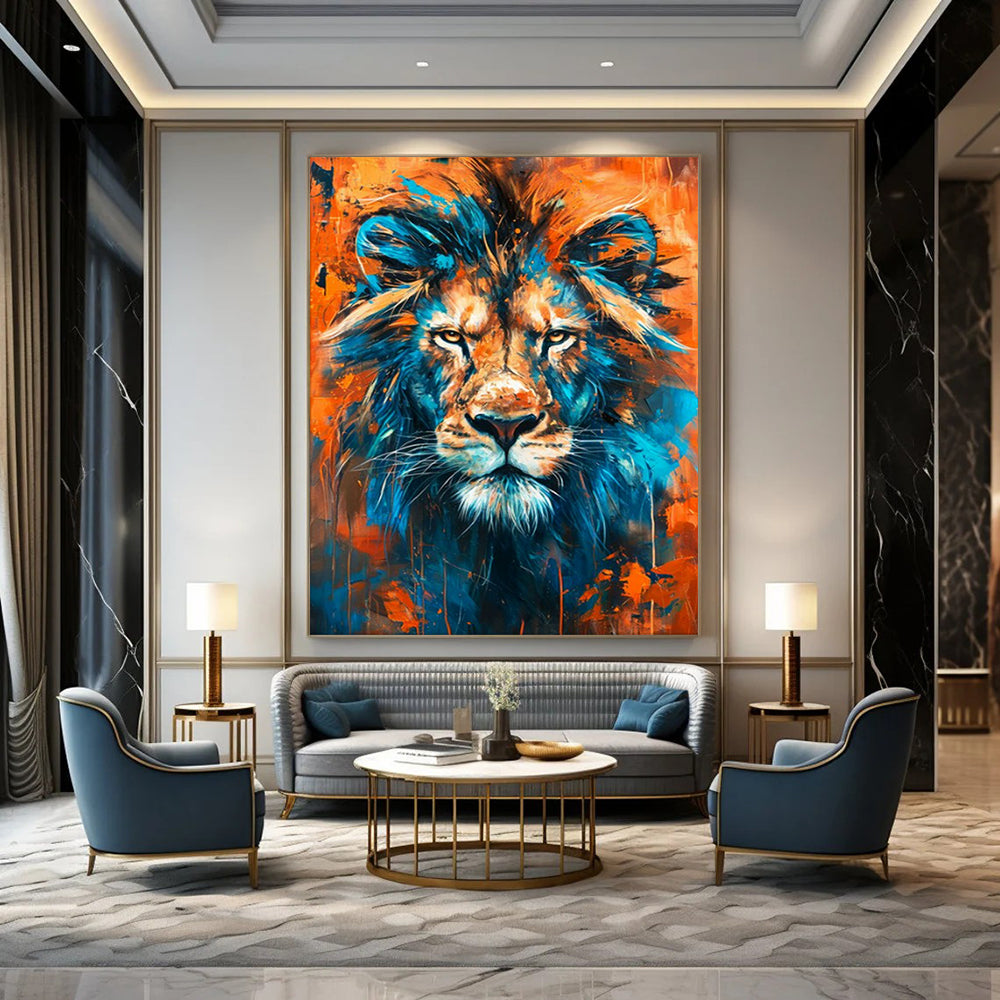 “Vibrant Lion Portrait” - Blue, Orange Dynamic Animal Painting On Canvas CT2212