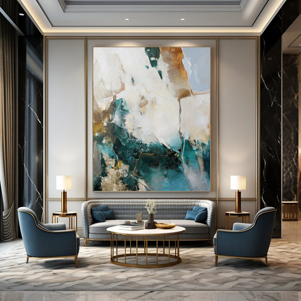 “Teal, Gold & White Abstract” - Teal, Gold & White Art Deco - Inspired Painting On Canvas DKH1013