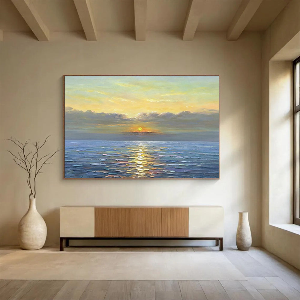 Sunset Over Ocean - Warm Yellow, Orange & Blue Seascape Painting On Canvas DKH883