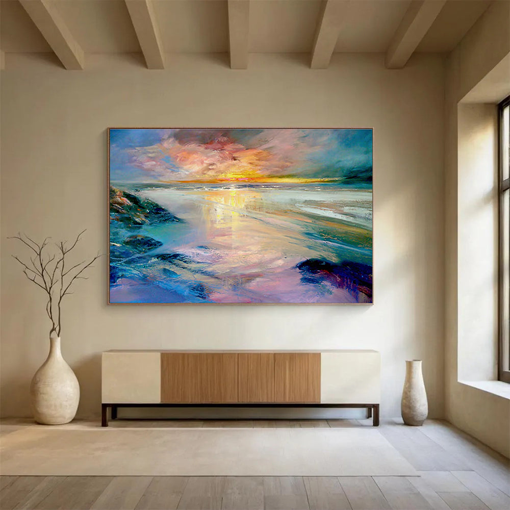Colorful Sunset Beach Scene Impressionistic Painting On Canvas DKH213