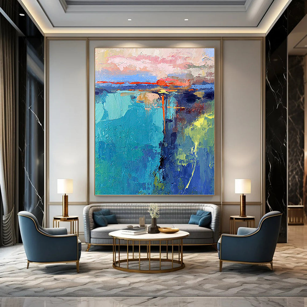 “Colorful Abstract Sunset” - Blue, Pink, Orange & Green Landscape - Inspired Painting On Canvas DKH1030