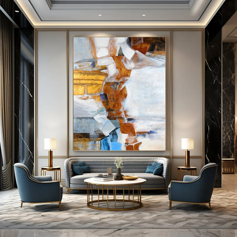“Geometric Collage in Warm Tones” - Brown, White & Blue Cubist - Style Painting On Canvas DKH0937