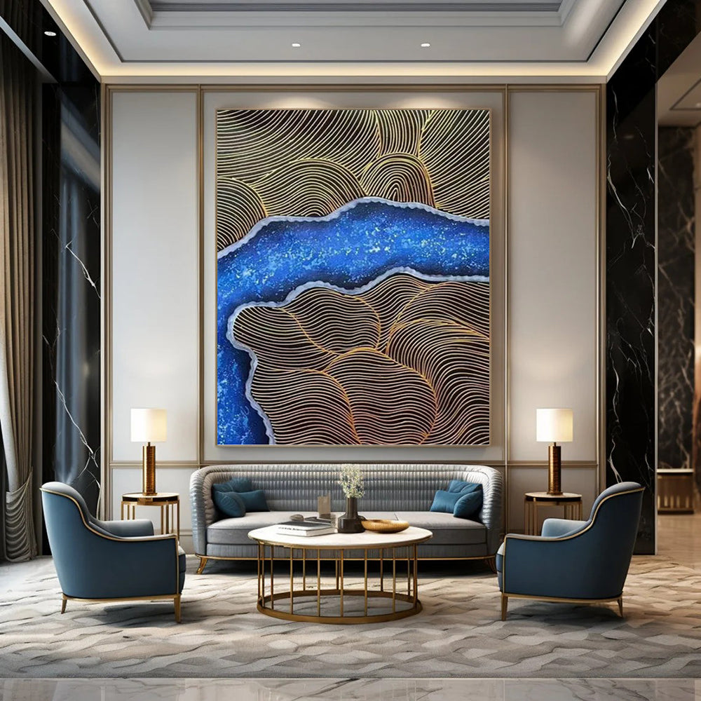 Blue and Gold Wave Abstract - Abstract Painting On Canvas DKH1345
