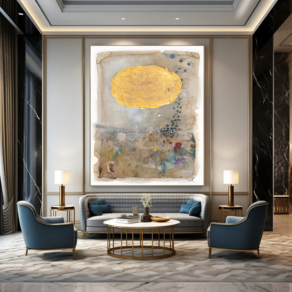Beige, Gold, Colorful Accents - "Golden Daydream" - Mixed - media Abstract Art CT1814