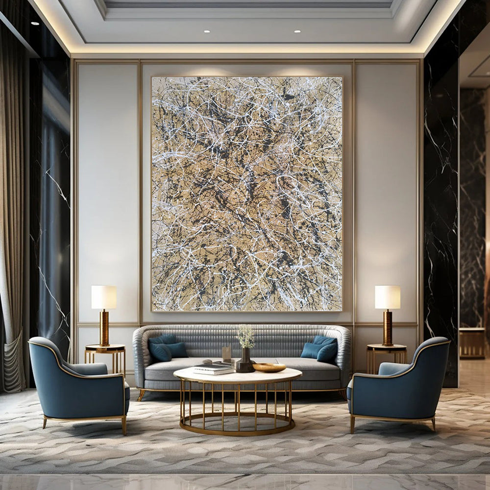 “Beige and Black Web” - Beige and Black Abstract Drip Painting On Canvas DKH1574