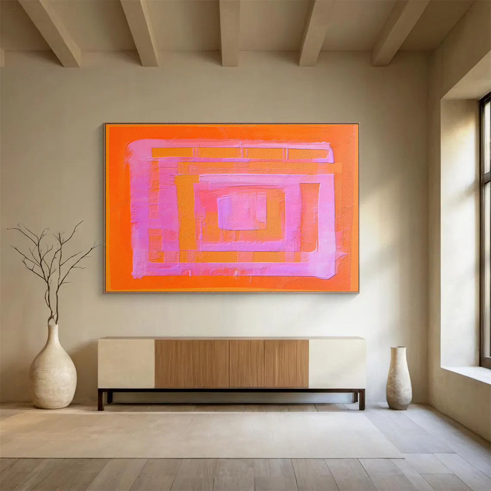 “Orange & Pink Geometric Layers” Minimalist Abstract Painting On Canvas DKH368
