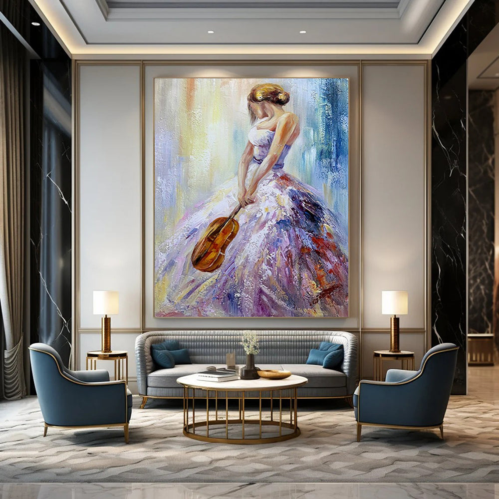 “Colorful Woman with Violin” – Impressionistic Oil Painting On Canvas CT2182