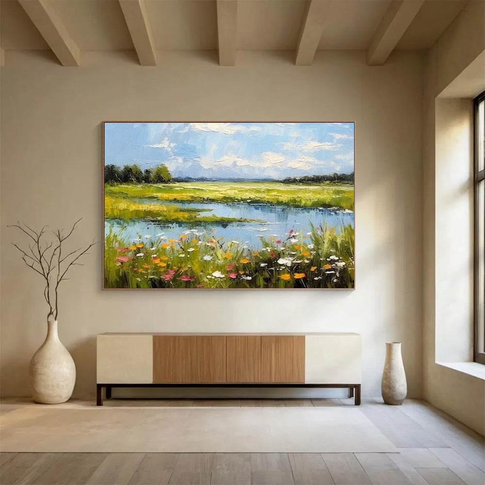 Colorful Meadow and Lake Landscape Painting On Canvas DKH271