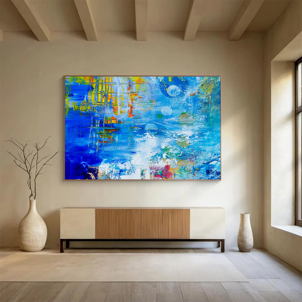 “Blue Abstract with Colorful Elements” Abstract Expressionist Painting On Canvas DKH439