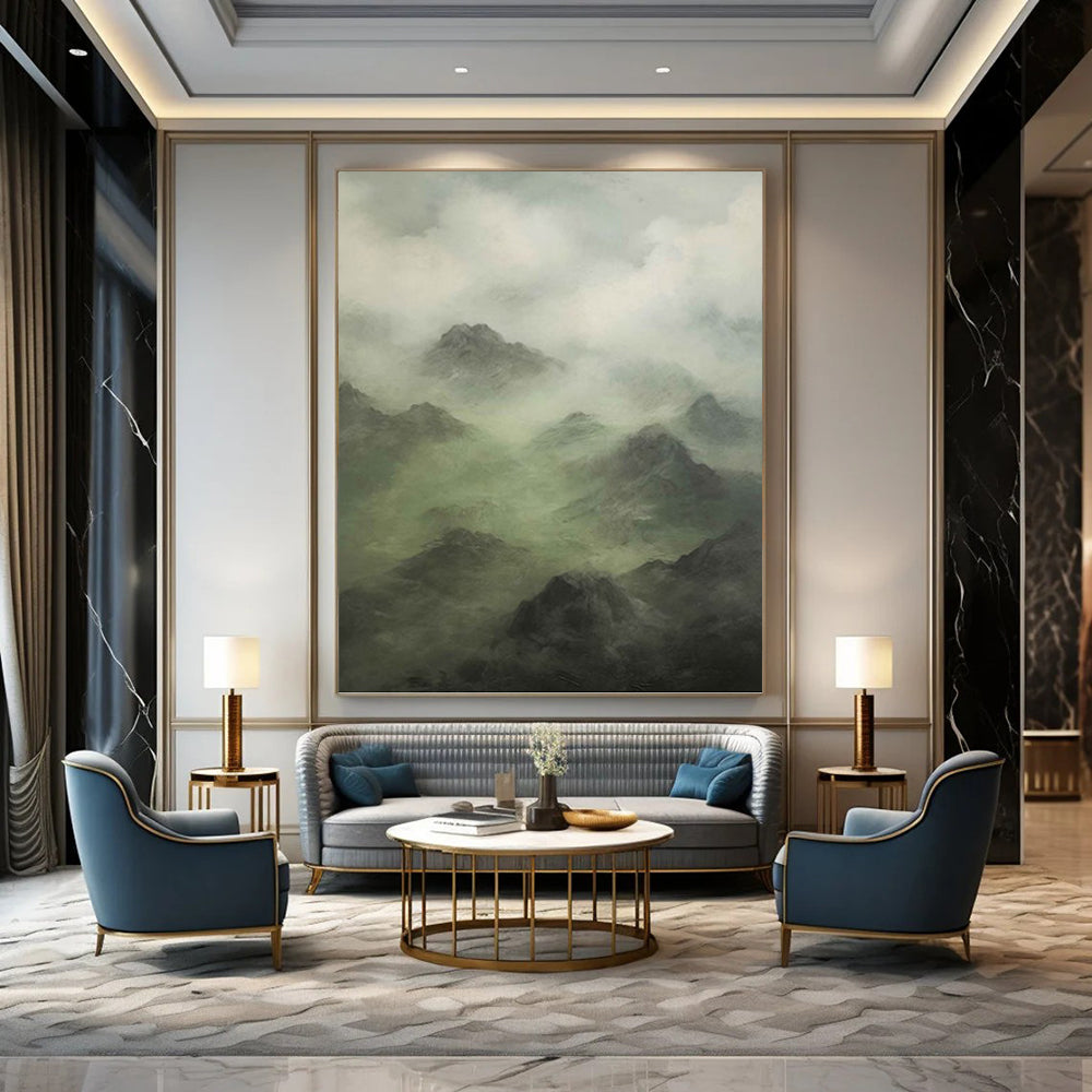 Misty Mountain Landscape in Green and Gray - Landscape Painting On Canvas DKH1480
