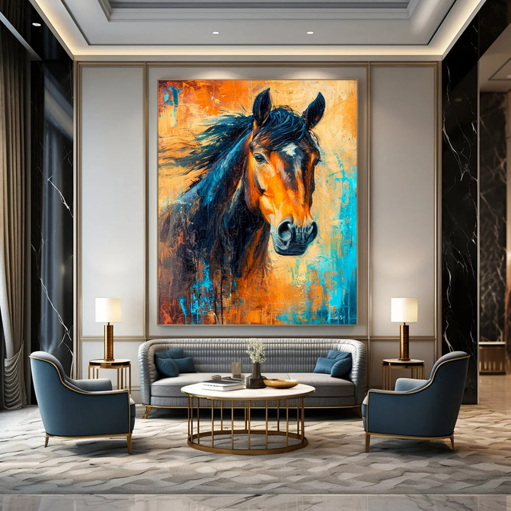 “Dynamic Horse Portrait” - Orange, Blue & Black Equine Painting On Canvas CT2210