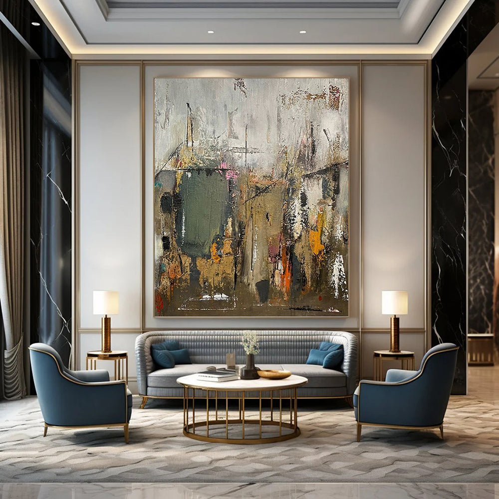 “Urban Abstract Layers” - Gray, Green, Orange & Pink Abstract Cityscape Painting DKH1038