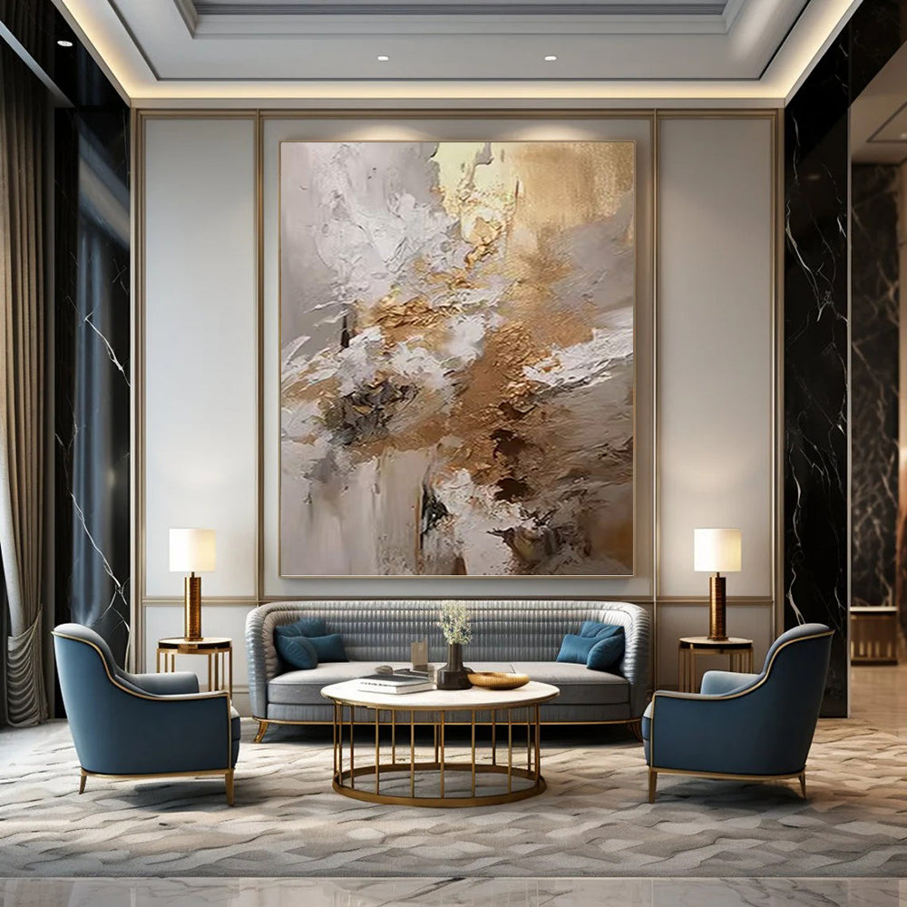 Gold & White Textured Blend - Abstract Impasto Painting On Canvas DKH1246