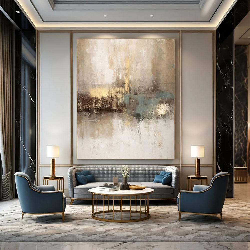 “Beige - Gold - Teal Abstract” - Abstract Expressionist Painting On Canvas DTP068