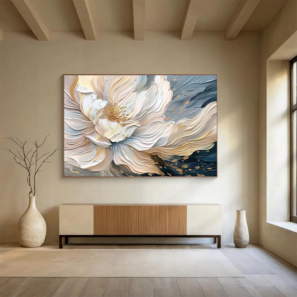 “Gilded Bloom” - White, Gold, Blue Textured Floral Impasto Painting On Canvas DKH703