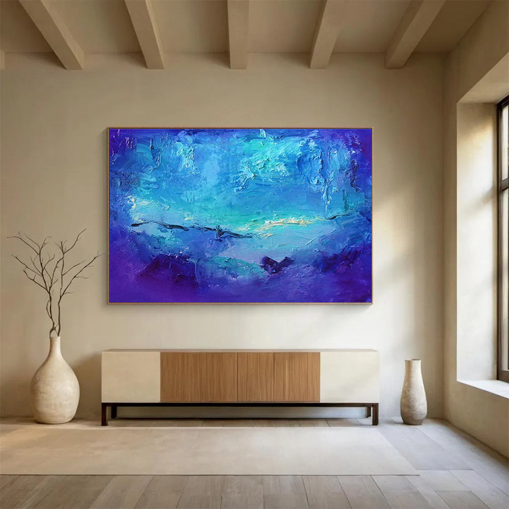 “Blue Ocean Depths” - Blue, Purple, White Textured Abstract Seascape Painting On Canvas DKH720