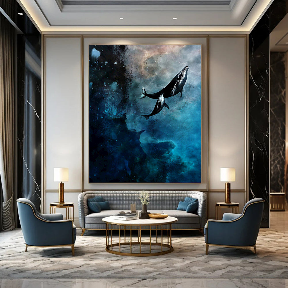 “Cosmic Whale Odyssey” - Blue, Black & White Surrealist - Inspired Painting On Canvas DKH0933