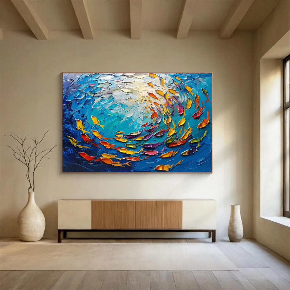 Textured Fish in Blue Sea - Impasto Marine Painting On Canvas DLZ199
