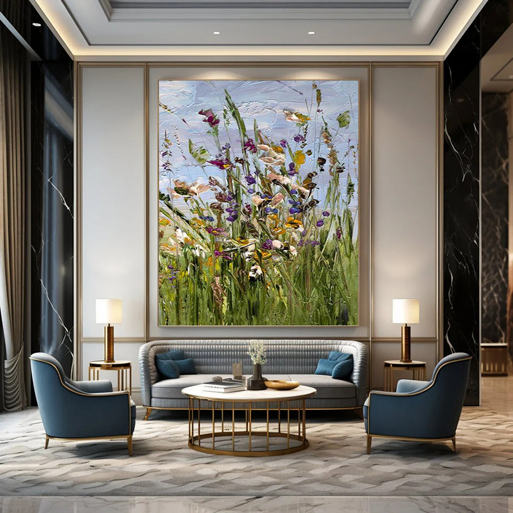 “Colorful Wildflower Impasto” - Purple, Yellow & Green Floral Painting On Canvas DKH0947