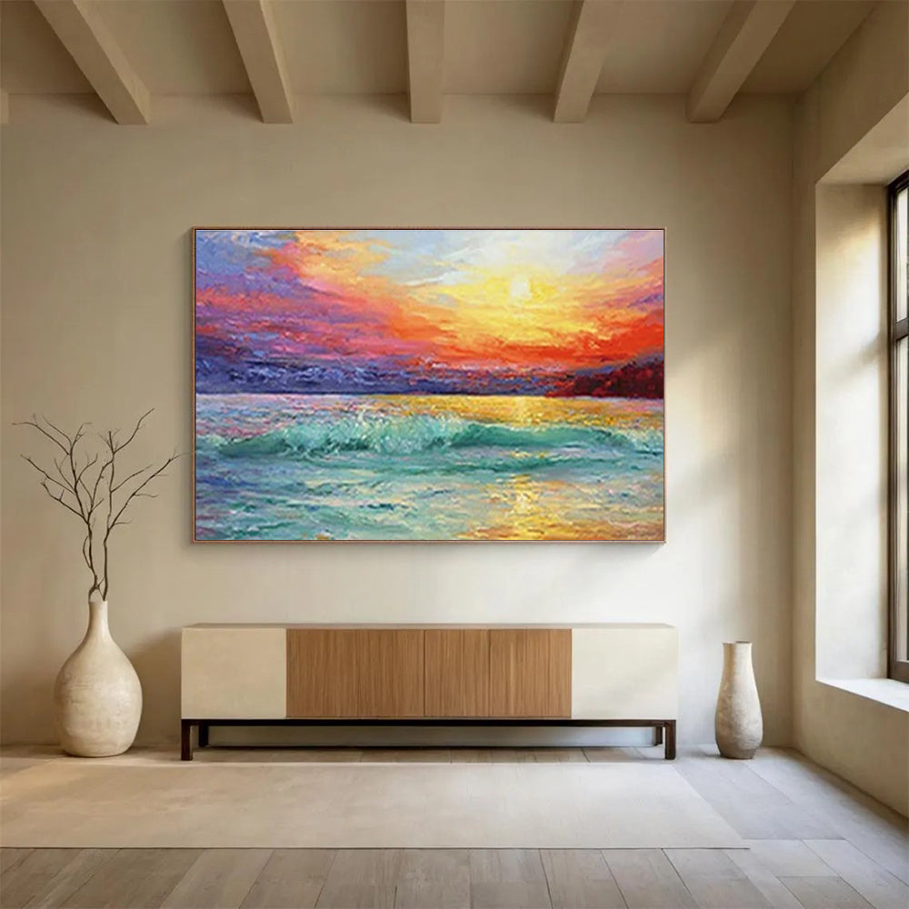 Vivid Sunset Seascape - Orange, Pink & Teal Ocean Painting On Canvas DKH892