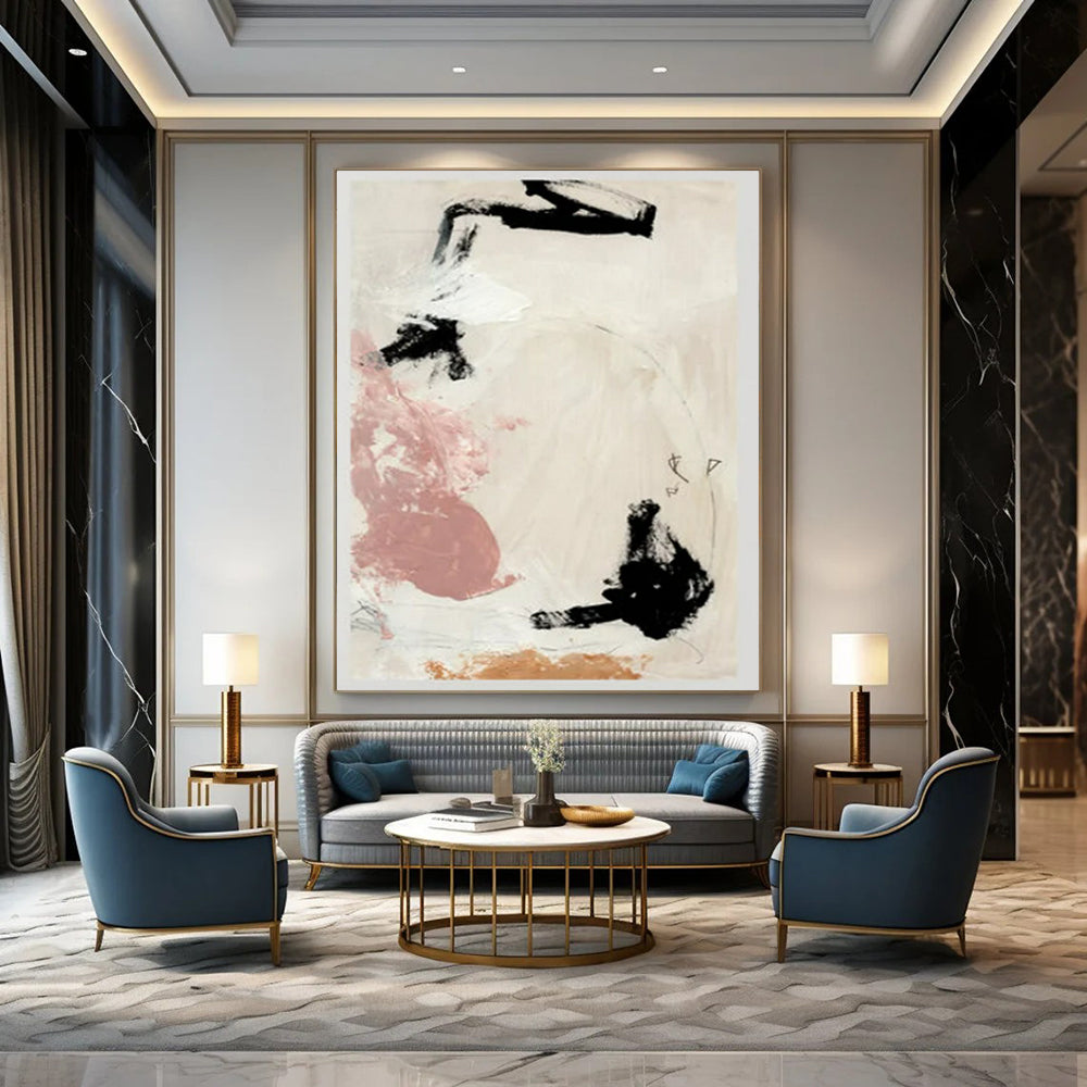 “Black, Pink & Earth - Tone Abstract Forms” - Abstract Painting On Canvas CT2316