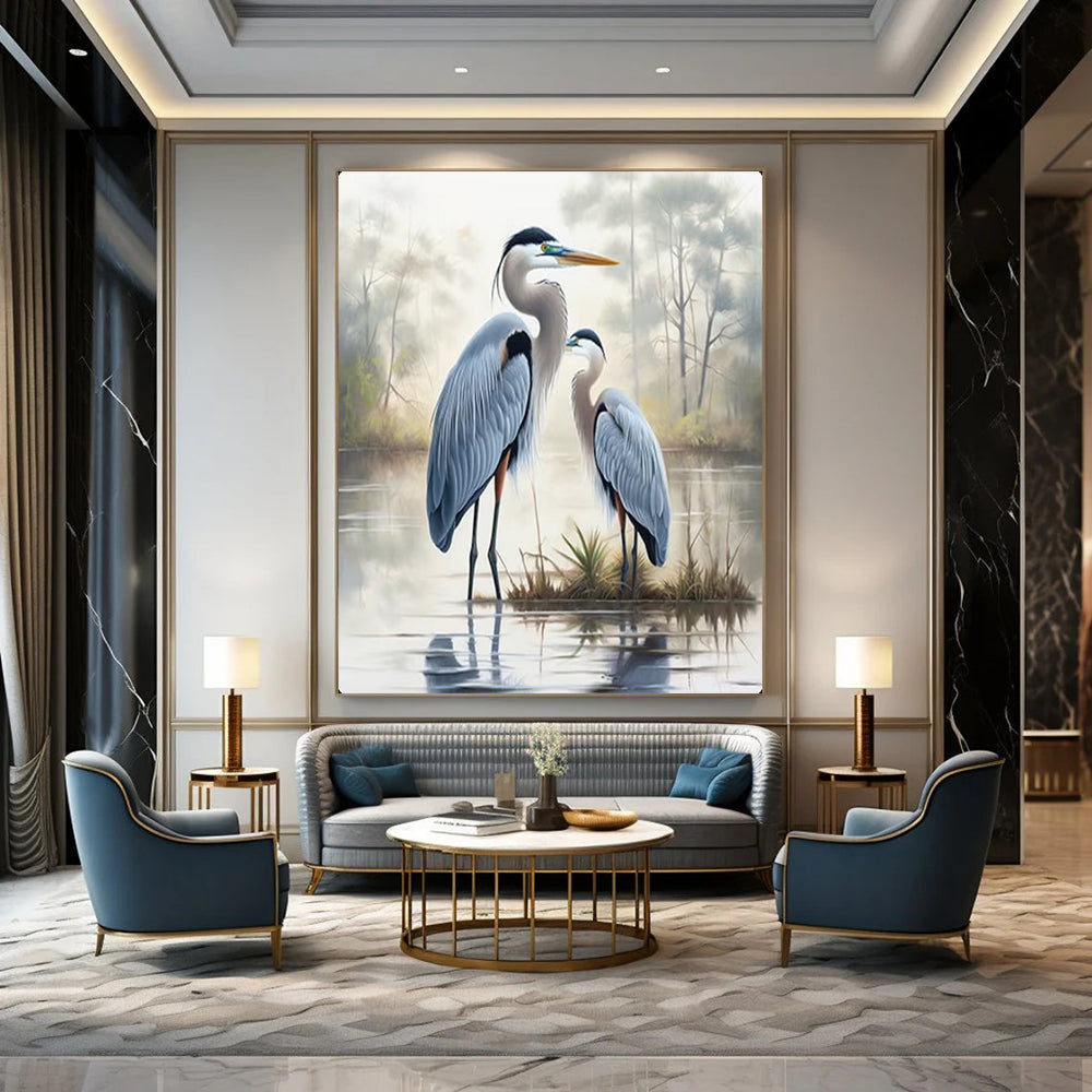 “Blue Herons in Misty Wetland” – Realistic Bird Oil Painting On Canvas CT2129