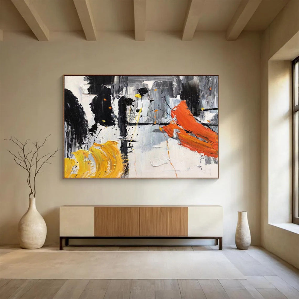 Abstract Black, White, and Orange Strokes Painting On Canvas DKH187