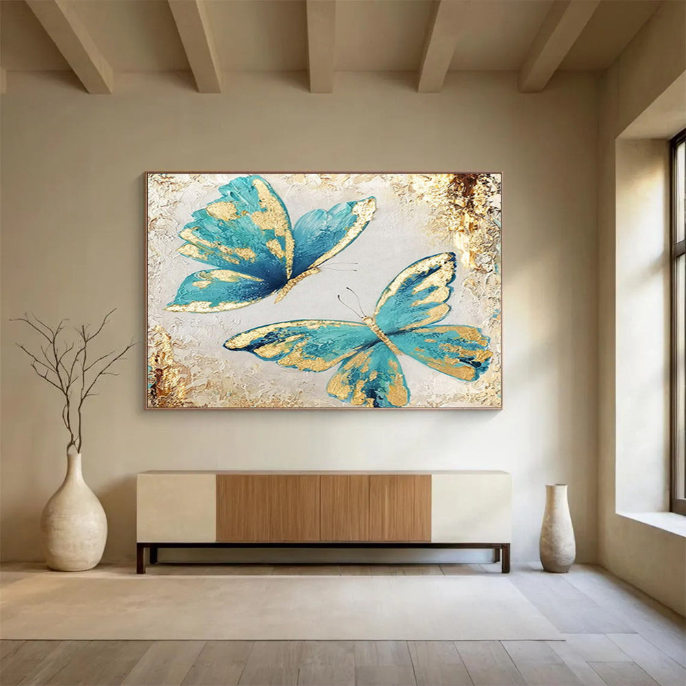 “Teal & Gold Butterflies” - Blue, Gold, White Impasto Insect Painting On Canvas DKH734
