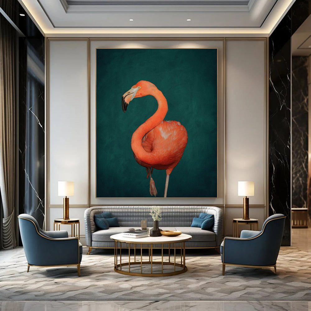 Vibrant Orange Flamingo Dark Green Realist Stylized Wildlife Art CT1920
