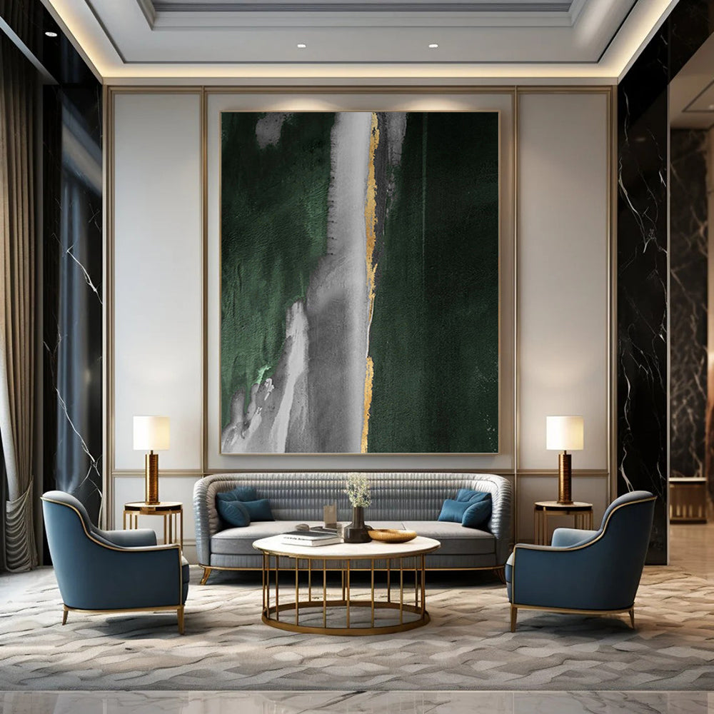 “Green, Gray & Gold Abstract Drips” - Green, Gray, Gold & Black Abstract Painting On Canvas DKH1203