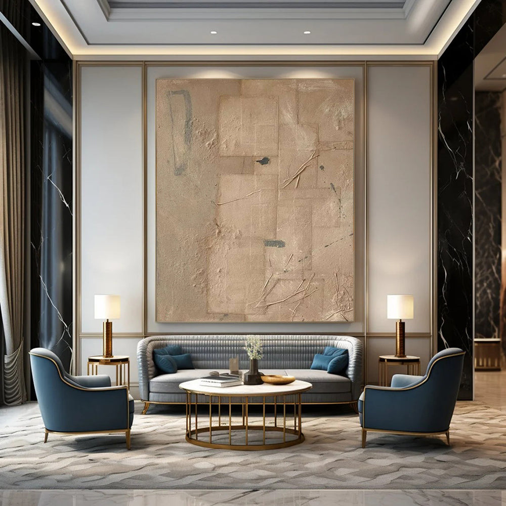 “Beige, Gray Textured Collage ‘Earthly Layers’” - Mixed - Media Abstract Painting On Canvas DTP336