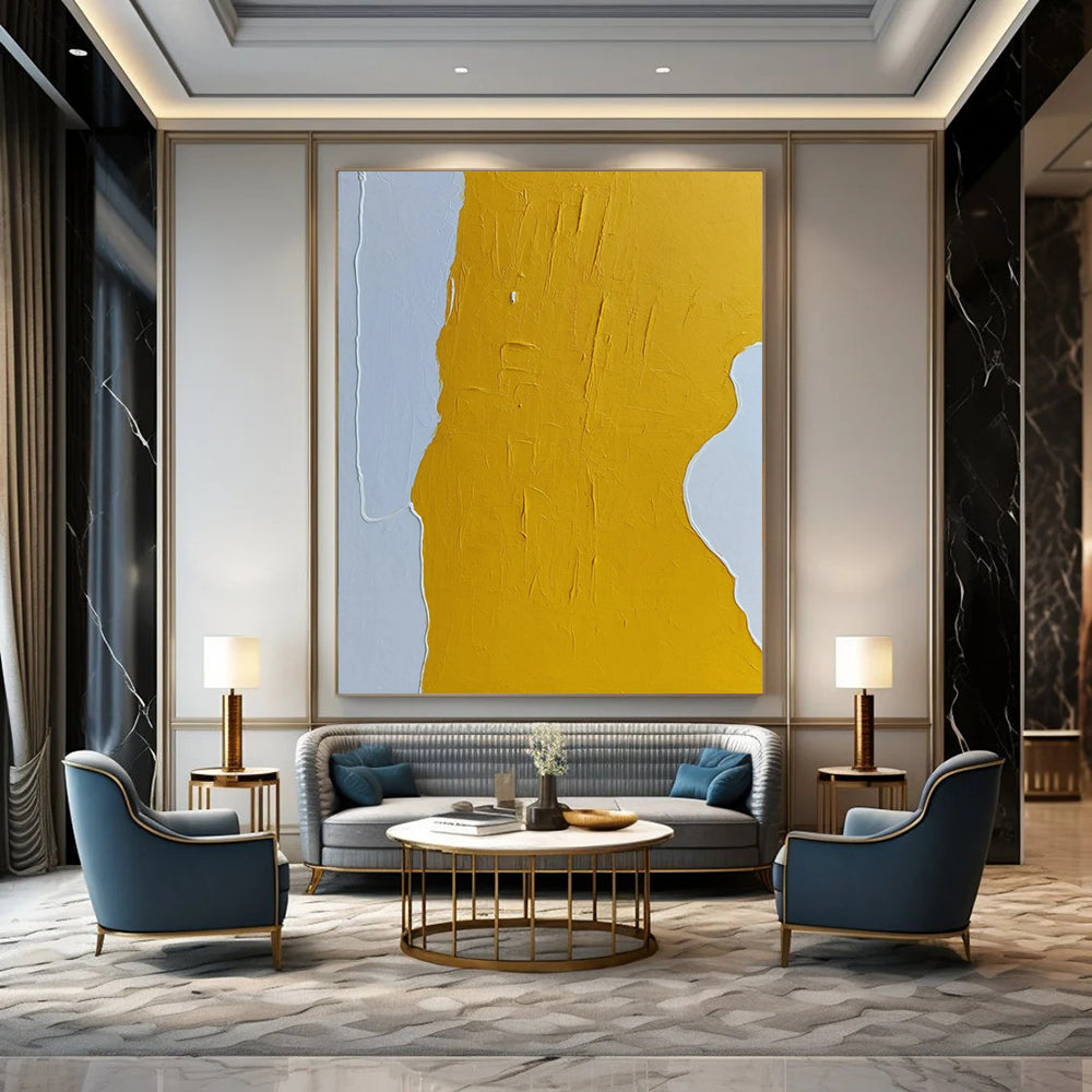 “Yellow, White Minimalist Shape ‘Sunny Simplicity’” - Textured Abstract Painting On Canvas DTP340